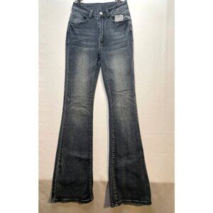 Romwe jeans womens XXS 0 22 x 31 bootcut flap pockets blue new